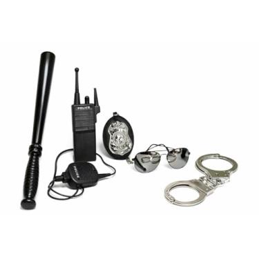 Imagem de Kit Policial Fantasia com Cassetete 52cm, Rádio Comunicador, Distintivo Metal, Algemas com Chave, Óculos Espelhados, 5 Peças, Preto