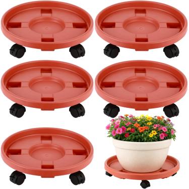 Imagem de Pacote com 5 suportes para plantas grandes de 30 cm com rodas, carrinho de plástico para plantas com rodízios, rolos, rolos, suportes redondos para plantas, pires de plantas para ambientes internos e