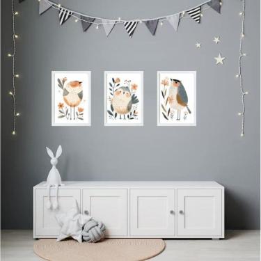 Imagem de Kit 3 Quadros Quarto Infantil Tema Passarinhos 24X18Cm