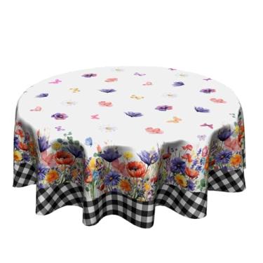 Imagem de Granbey Toalha de mesa floral colorida – toalha de mesa redonda com flores de primavera, verão, 152 cm, para cozinha, férias, piquenique, festa, sala de jantar, decoração ao ar livre, buffalo, xadrez