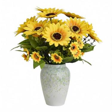 Imagem de hopeme Arranjo de girassóis artificiais de 35,5 cm em vaso de cerâmica salpicada verde e azul – Peça central floral de girassol sintético para decoração de casa, mesa, prateleira e escritório