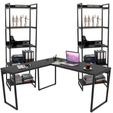 Imagem de Kit Mesa Para Escritório Industrial em L com 2 Estantes com 5 Prateleiras Form Preto - Lyam Decor
