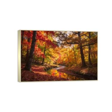 Imagem de BMZFYBS Impressão em tela de paisagem pronta para pendurar - árvore florestal outono rio pintura de arte de parede - decoração de casa moderna imagem moldura prata 50 x 75 cm 20 x 30 pol