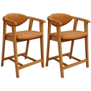 Imagem de Kit 02 Banquetas Baixa Para Cozinha Sala Jantar Bancada Cecília L02 Couríssimo Canela - Lyam Decor