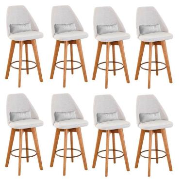 Imagem de Kit 08 Banquetas Alta Maya Giratória Com Encosto Gourmet Linho Bege e Almofada Suede Branco - Aurora Line