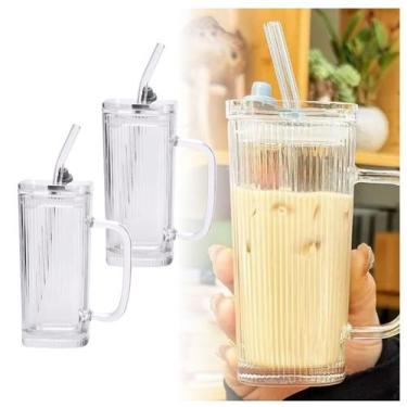 Imagem de Jogo 2 Canecas de Vidro Com Tampa e Canudo 250ml Copo Com Tampa Vidro 