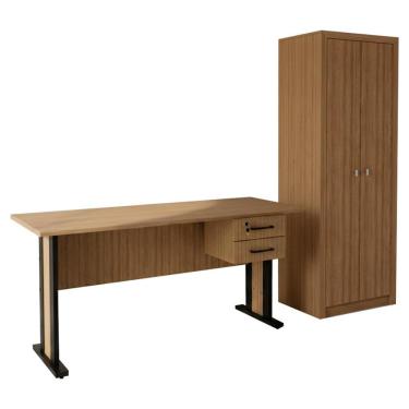 Imagem de Mesa De Escritorio 2 Gavetas Armario Multiuso 2 Portas Amendoa Preto Tecno Mobili