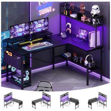 Imagem de Mesa Gamer em L Aheaplus Preta com Tomadas Elétricas, Luzes LED, Suporte para Monitor e Prateleiras, 49 polegadas (124 cm)