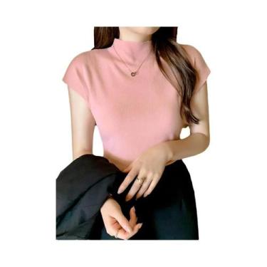 Imagem de Camisetas Femininas De Verão Tricotadas Com Gola Alta E Sem Mangas, Aj