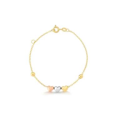 Imagem de Pulseira Infantil Corações em Ouro Branco, Rosé e Amarelo 18k - Safira
