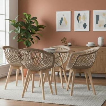 Imagem de Kit Mesa Eames Vidro 90cm + 4 Cadeiras Web Wood - Seat&Co, Mesa de Vid