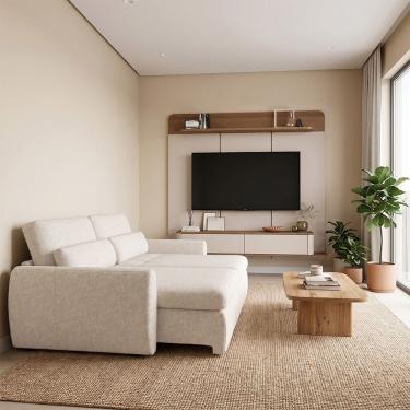 Imagem de Conjunto Painel Suspenso e Sofá Charlie 3 Lugares Retrátil MDP MDF 210cm Off White Concept Estofados