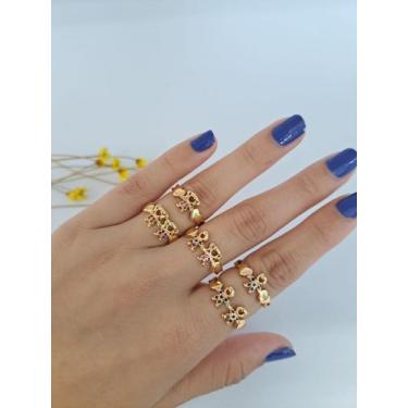 Imagem de Anel Mamãe Filhos Duas Meninas Rosa Banho de Ouro 18k Dourado Folheado