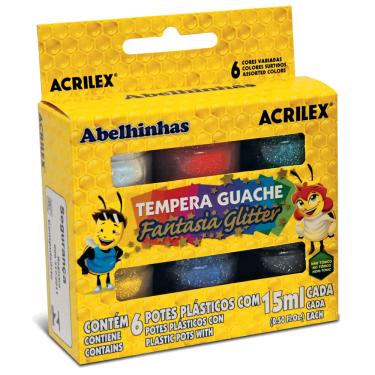 Imagem de Tempera Guache Fantadia Glitter Acrilex kit com 6 Cores com 15 ml Cada - 02001
