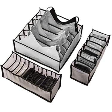 Imagem de 3 peças organizador de roupas laváveis, organizador de roupas 6/7/11 grades visíveis, dobráveis para armazenamento, gaveta, caixa separadora de malha para casa, jeans, camiseta, meias, calças, preto