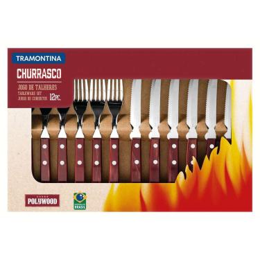 Imagem de Jogo de Talheres Churrasco Aço Inox com Cabo Vermelho Polywood 12 Pçs Tramontina