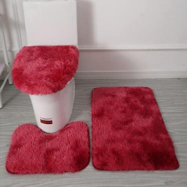 Imagem de Conjunto de tapete de banheiro colorido tie-dye 3 pçs/conjunto tapetes de banheiro antiderrapantes para banheiro retangular em forma de U tapetes de banheiro e kit de tampa, vinho tinto, CN