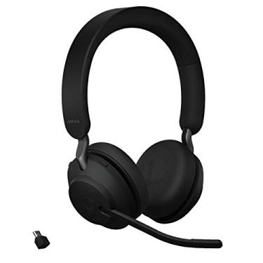 Imagem de Jabra Fones de ouvido sem fio Evolve2 65 UC com Link380c, estéreo, preto – Fone de ouvido Bluetooth sem fio para chamadas e música, 37 horas de vida útil da bateria, fones de ouvido com cancelamento