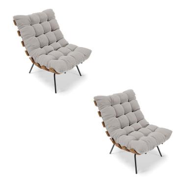 Imagem de Kit 02 Poltronas Costela Veludo Cinza Base Metálica Preto