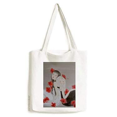 Imagem de Bolsa de lona em aquarela com flor vermelha de beleza estilo chinês bolsa de compras casual