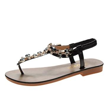 Imagem de Sandálias planas à beira-mar sapatos rasos de madeira primavera sandálias espinha de peixe e sandálias elásticas de strass flip (preto, 36-38)