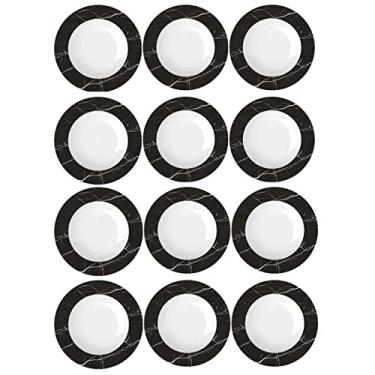 Imagem de Jogo 12 Pratos Fundos em Porcelana com Estampa Mármore Preto Germer Redondos 23cm Versa