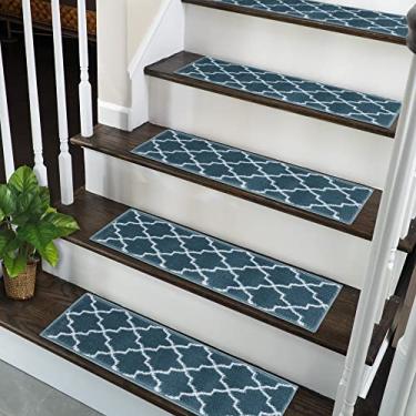 Imagem de SUSSEXHOME Escadas – Tiras de carpete 100% polipropileno para escadas internas – Tapetes de corredor fáceis de instalar com fita adesiva dupla – tapetes decorativos seguros, extraaderentes – pacote com 4 – azul-petróleo