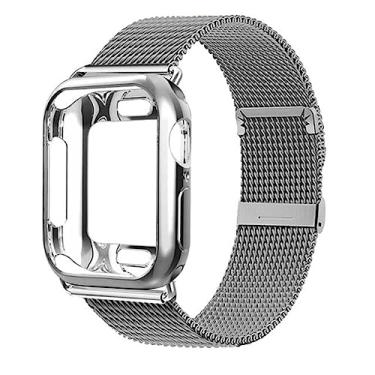 Imagem de SCHIK Capa + pulseira para Apple Watch band 41mm 45mm 44/40mm 42/38mm cinto de metal pulseira Milanese Loop para iWatch série 7 6 SE 54321 (Cor: Prata, Tamanho: 42mm série 3 2 1)
