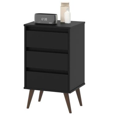 Imagem de Mesa de Cabeceira Retrô Wood 3 Gavetas Organizadoras Pés Palito Anti-Umidade Mesinha Decorativa Quarto Lateral Cama - Preto - RPM Móveis
