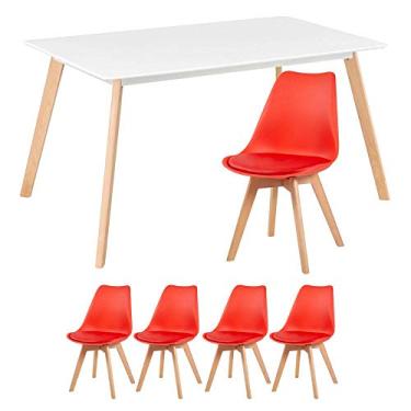 Imagem de Loft7, Mesa de jantar retangular 80 x 140 cm branco + 4 cadeiras Leda vermelho