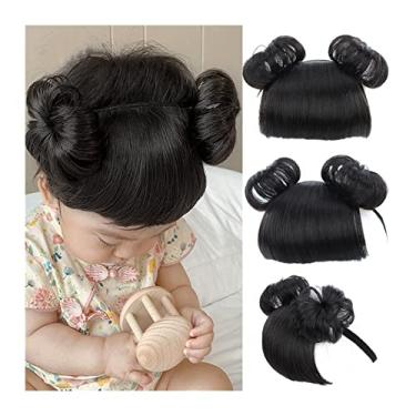 Imagem de Mulheres Bun Scrunchies Tiara coque com franja, acessórios para perucas infantis, apliques de cabelo para coque infantil com faixa, chignon de cabelo sintético com franja, orelha de gato infantil fash