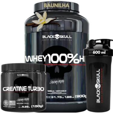 Imagem de Whey Protein 100% HD Pure 900g Isolado - Hidrolisado - Concentrado Pote + Creatina Monohidratada 150g + Coqueteleira - Kit Black Skull Para Ganho de Massa e Força (Whey 100% Baunilha