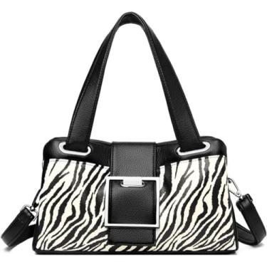 Imagem de BYKOINE Bolsa feminina de couro PU leopardo bolsa de ombro feminina zebra bolsa de ombro vários bolsos alça superior