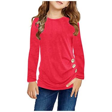 Imagem de Tops para meninas adolescentes para inverno cor sólida botão casual túnica tops manga longa solta gola redonda camisas quentes, Vermelho, 12-13 Years