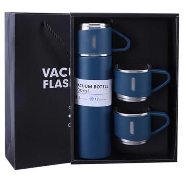 Imagem de Conjunto Frascos a Vácuo em Aço Inox, Garrafa 500ml, Embalagem Presente, Fit para Café, Chá Térmica Squeeze com 2 Canecas (Azul)