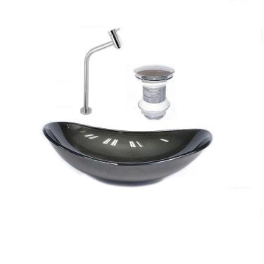 Imagem de Conjunto Cuba de Vidro com Torneira e Válvula para Lavatório Oval 38cm Ouro Envelhecido