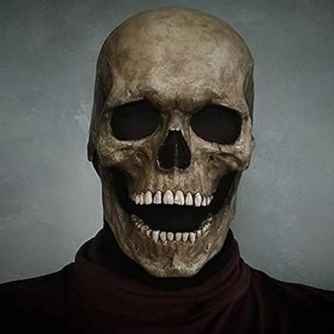 Imagem de PRAABDC Halloween Skull Mask, Creepy Full Head Skull Mask with Moving Jaw, Scary Latex Human Skeleton Mask for Men Halloween Party Cosplay Costume Props (Brown)