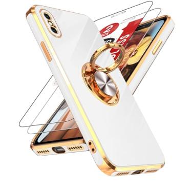 Imagem de LeYi Capa para iPhone X Capa para iPhone XS: com protetor de tela de vidro temperado [2 unidades] Suporte magnético giratório de 360°, capa protetora de borda de ouro rosa para iPhone X/XS, branca