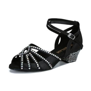 Imagem de WUAILIM Sandália de dança social feminina com strass de salão L6889, Cetim preto - salto de 3,8 cm, 38