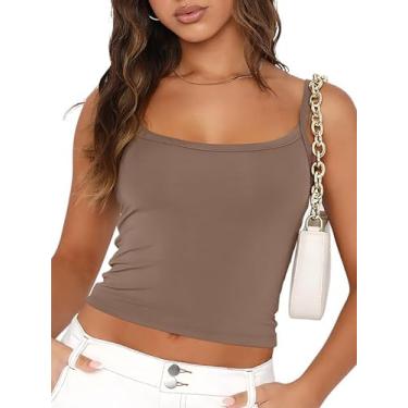 Imagem de Trendy Queen Camiseta regata feminina com alças finas ajustáveis básicas, blusas cropped fofas para mulheres roupas de verão, Mochabrown, P