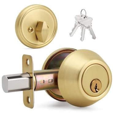 Imagem de LOQRON Fechadura de cilindro único com design redondo dourado escovado com chaves, fechadura externa com chave para segurança da porta de entrada frontal, latão acetinado