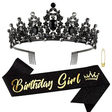 Imagem de SuPoo Faixa preta de aniversário coroa de aniversário para mulheres coroa de metal com pente faixa de glitter para aniversário de meninas decorações de aniversário de princesa decorações de feliz aniversário presente coroa de quinze anos lembrancinha de festa
