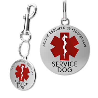 Imagem de Etiqueta cromada para cães de serviço da ActiveDogs - dupla face - Acesso ADA, exigido pela Lei Federal com o símbolo de alerta médico vermelho de 3,8 cm. Colete fácil de fixar na gola, correia ou arreio