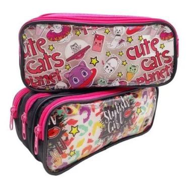 Imagem de Estojo Escolar Triplo Feminino Rosa Com Preto Pink Cute Cats Winth Sty