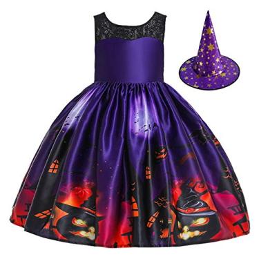 Imagem de FMYFWY Fantasia de Halloween para meninas com chapéu de bruxa fantasia infantil fantasia cosplay fantasia fantasma abóbora crânio impresso vestido roxo 6-7 anos
