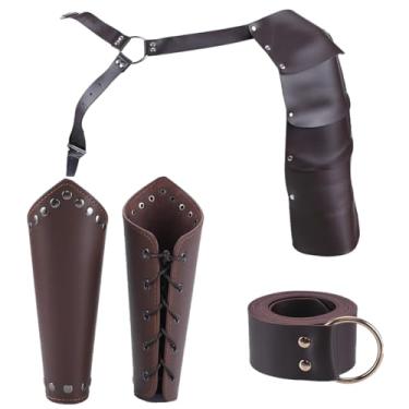 Imagem de GORGECRAFT Conjunto de 4 peças de couro medieval, braçadeira de proteção de braço de couro, alça de fivela ajustável, ombro único, armadura de couro, nó de amarrar, kit de cinto para cosplay,
