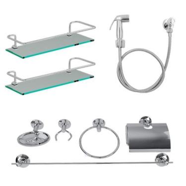 Imagem de Kit Acessórios Banheiro Aço Inox 8 Peças 2 Porta Shampoo - Minha Cazza