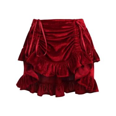 Imagem de Daisy corsets Saia feminina de veludo vermelho escuro franzido, Vermelho, 25-30 Short