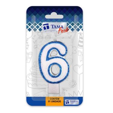 Imagem de Vela de aniversário Número Branco e Azul Nº 6 com 10 un. - TAMAROZZI E