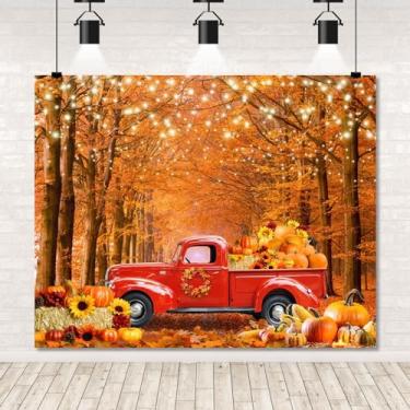 Imagem de Cenário de outono 3 x 2,4 m outono floresta vermelho caminhão abóbora colheita palheiro feliz festa de ação de graças pano de fundo folhas de bordo carro vermelho outono foto pano de fundo decoração